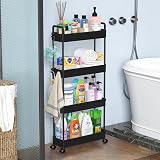 SOLEJAZZ 4-Tier Slim Storage Trolley Cart with 6 Hooks Black Plastic view 7