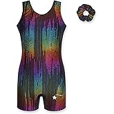 Destira Paris Nights Gymnastics Unitard for Girls, Glitter Rainbow Foil Fabric Biketard With Matching Scrunchie