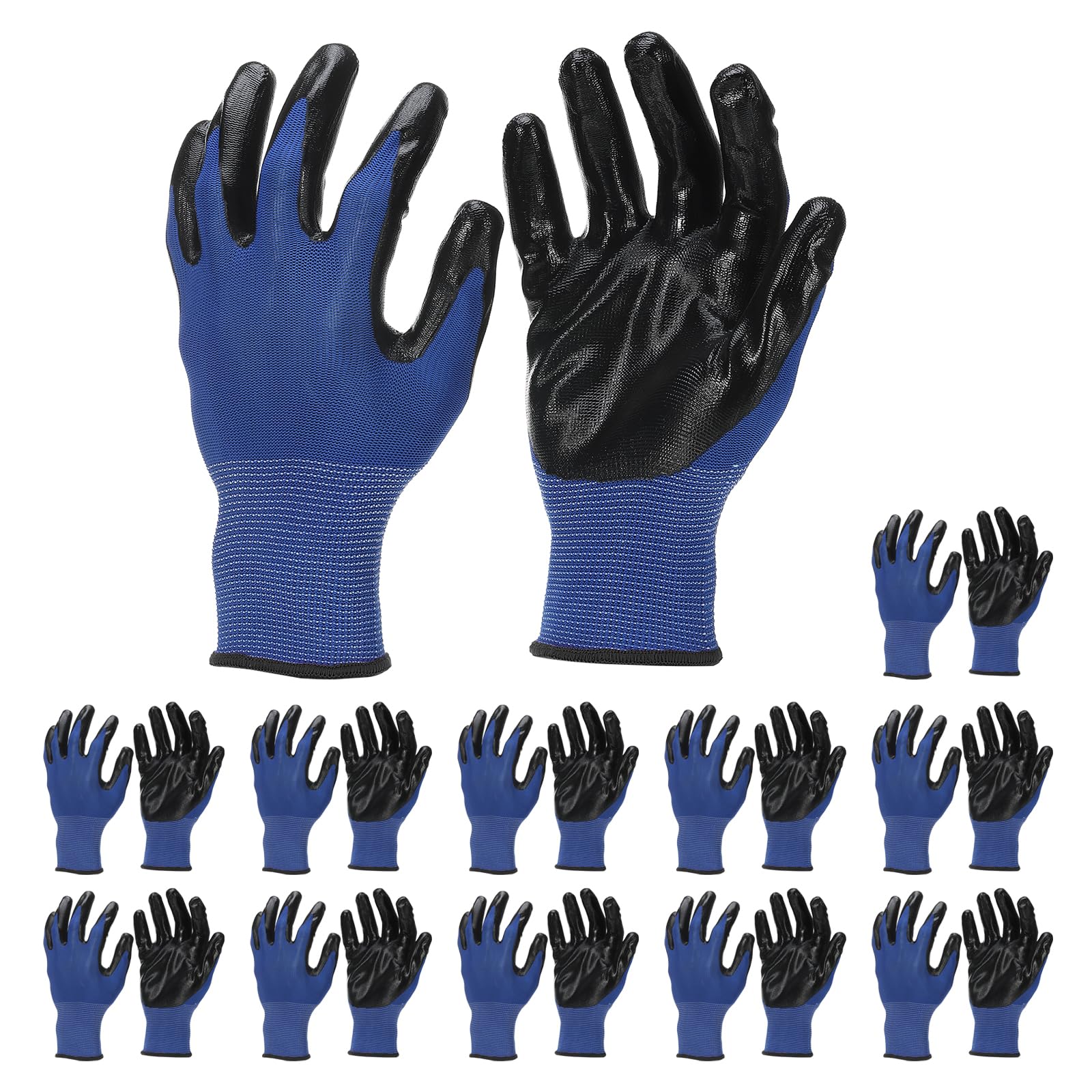 PATIKIL Safety Work Gloves Nitrile Coated, 12 Pair Non-slip Gardening Gloves Seamless Knit Working Gloves with Grip for Women Men Warehouse, Black Blue, XX-Large Size