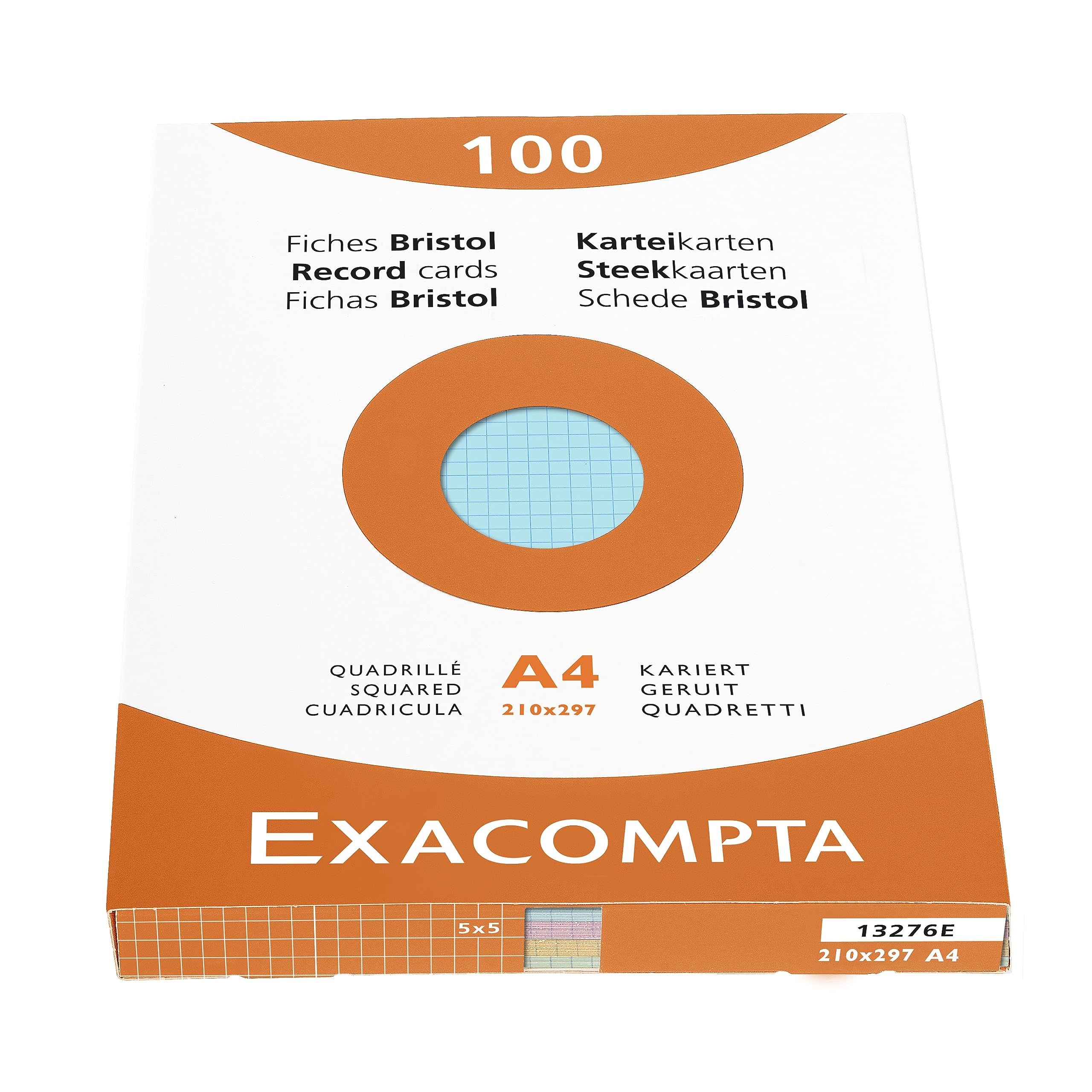 Exacompta - Ref 13276E - Bristol Squared Record Cards (Pack of 100) - A4 in Size, 205gsm Card, Compatible with Printers - Suitable for Exam Revision & Notes - Assorted Colours
