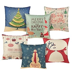 Juvale Christmas Throw Pillow Covers - 6-Pack Colorful Decorative Couch Throw Pillow Cases, Vintage Christmas Illustration Design, Festive Home Decor Cushion Covers, Fits 18 x 18 Pillows
