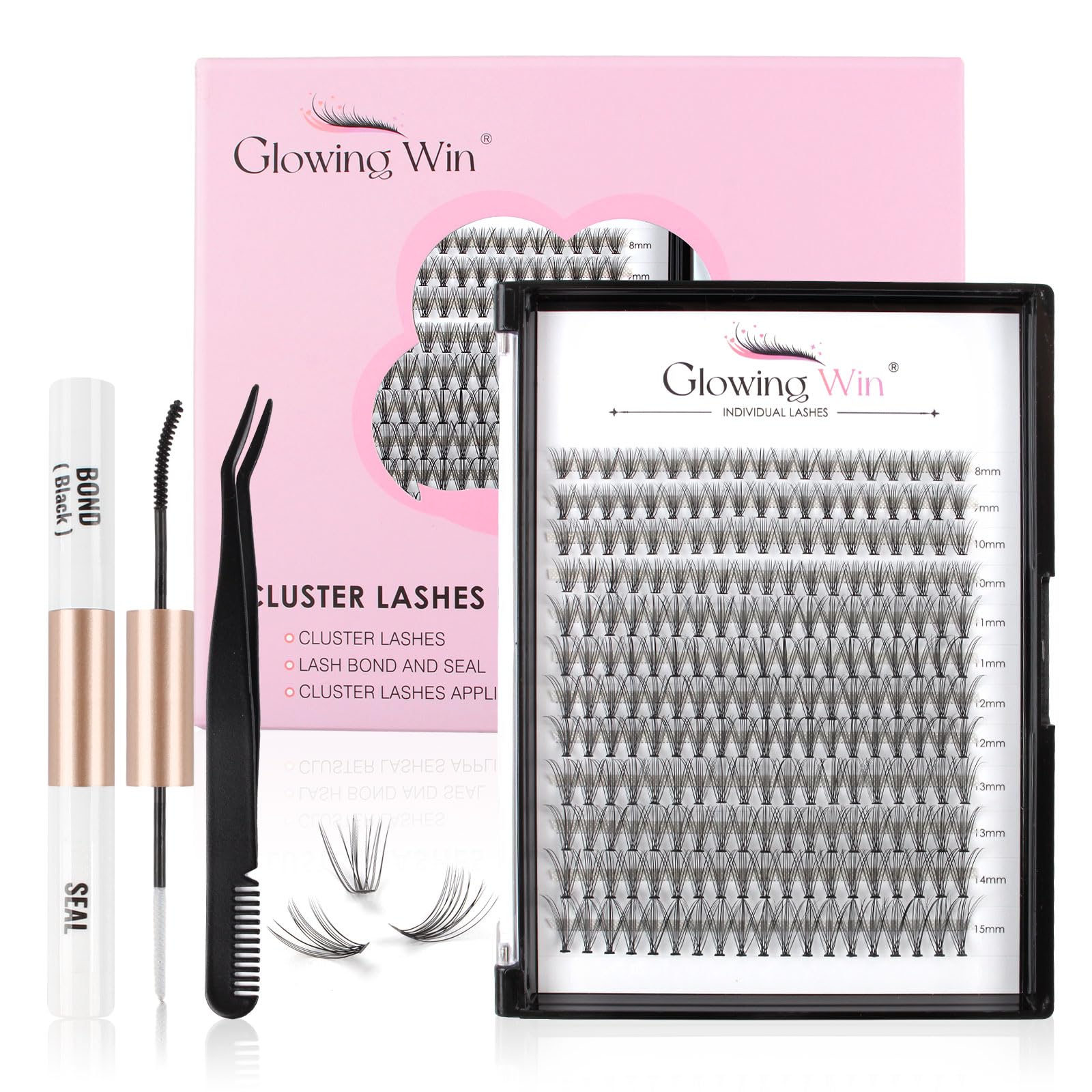 Glowingwin Individual Lashes 228 PCS Lash Extension Kit with lash bond &seal and applicator Cluster Lashes Set False Eyelashes Individual Reusable DIY Eyelash Extensions (20D Mix8-15mm 0.07D Curl) — image 1