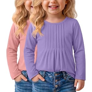 JoyMotion 2 Pack Toddler Girls' Shirts 18M-5T | Long Sleeve Blouse, Kids, Pleated, Crew Neck, Loose, Basic, Casual, Cute, Top