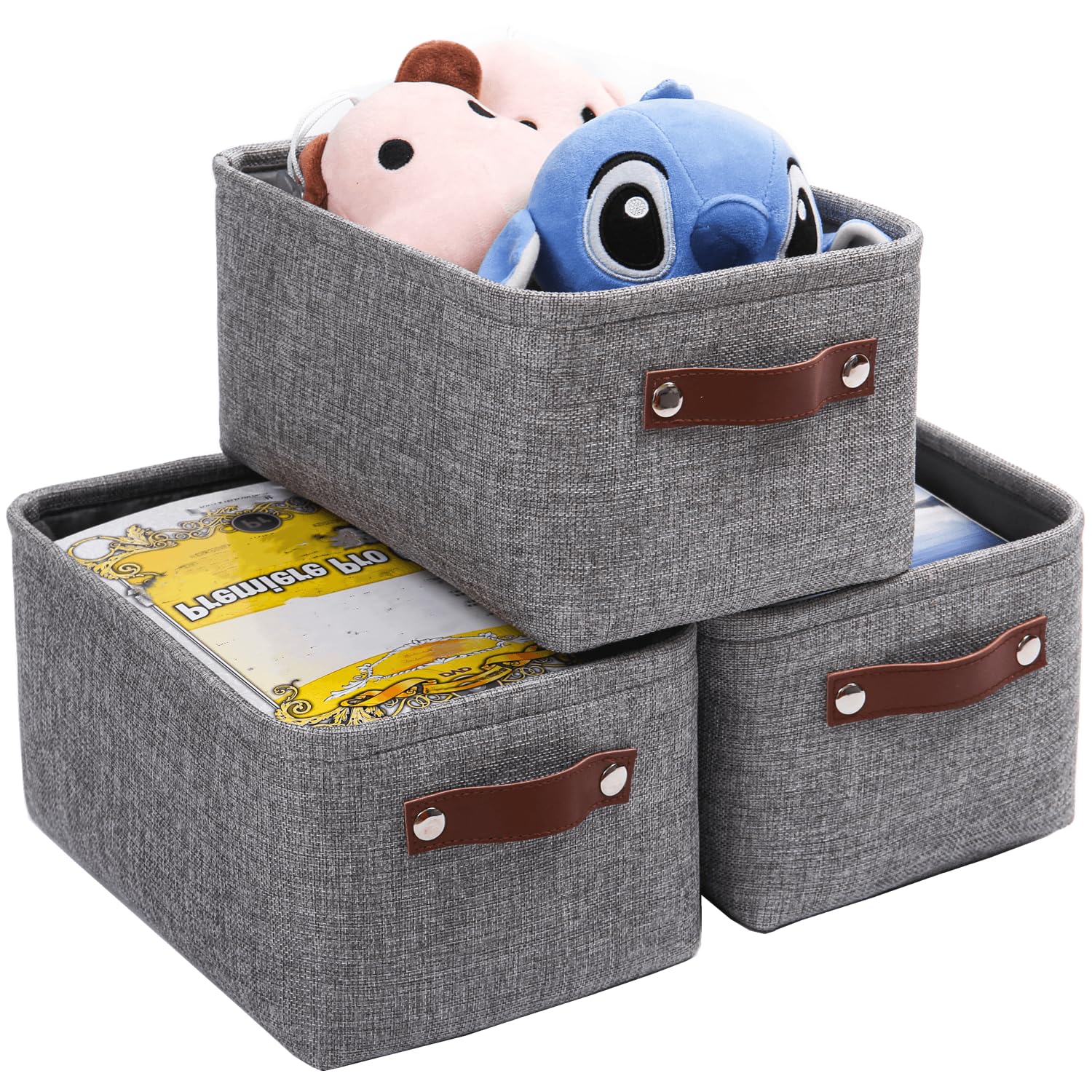Mangata Set of 3 Fabric Storage Boxes, Medium Collapsible Storage Basket for Books, Baby Toys, Clothes (Medium, Grey)