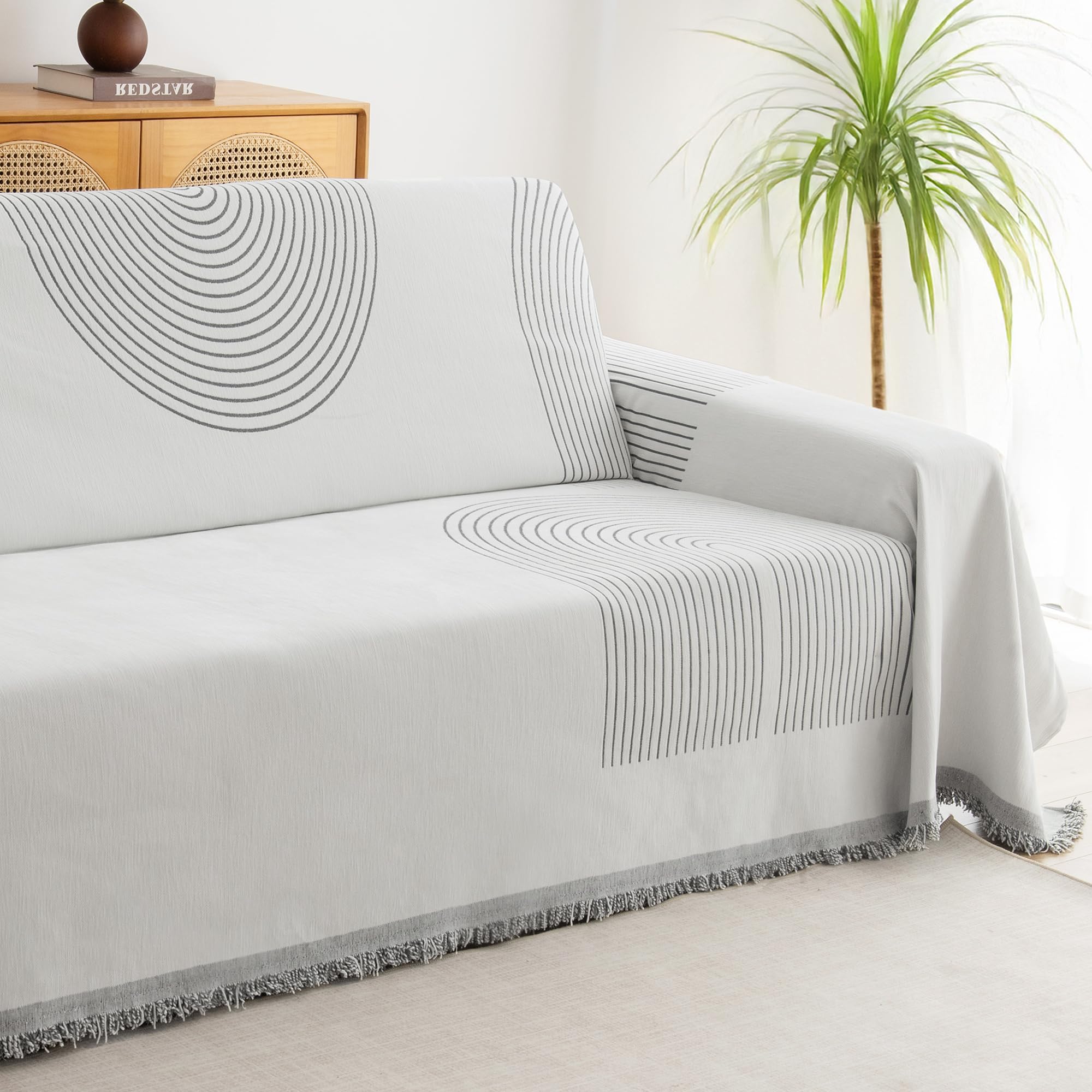 KaviKon Boho Sofa Covers for 3 Cushion Couch, Couch Cover for Dogs, Loveseat Cover Soft Throw Blankets with Tassels (Arc Circle Grey, 71x118)