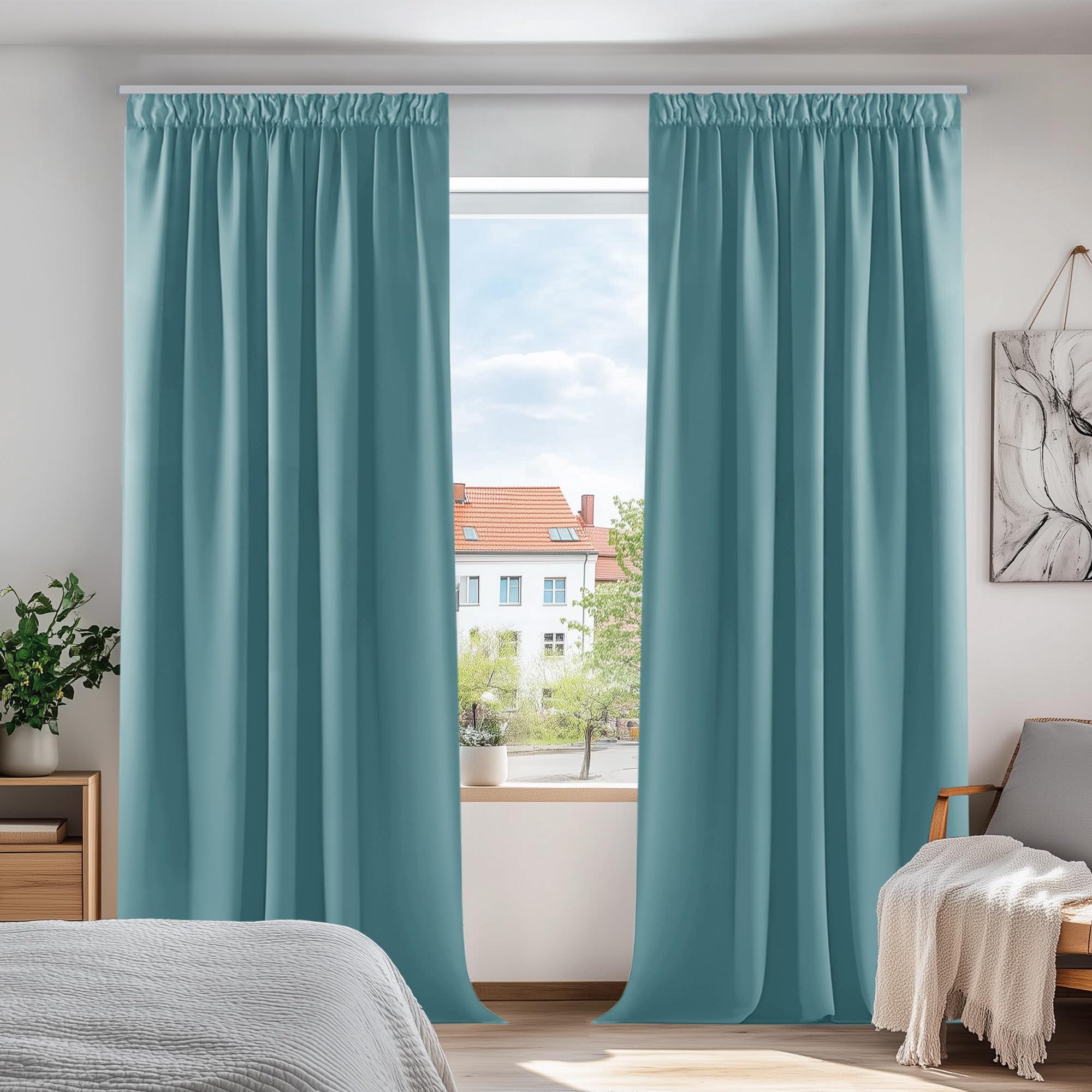 Deconovo Blackout Curtains Super Soft Pencil Pleat Bedroom Curtains Thermal Insulated Energy Saving Rod Pocket Curtains Kids Curtains for Door 52 x 95 Inch Sky Blue 2 Panels