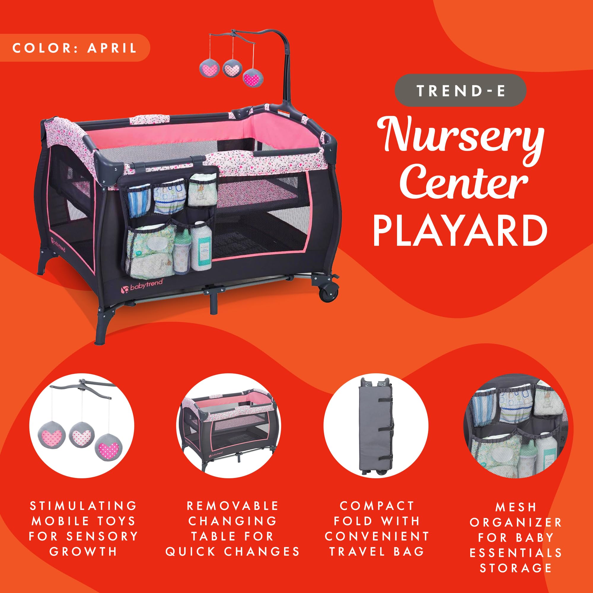 Baby Trend Nursery Center, Playard Portable Crib with Full Size Bassinet, Trend-E, April