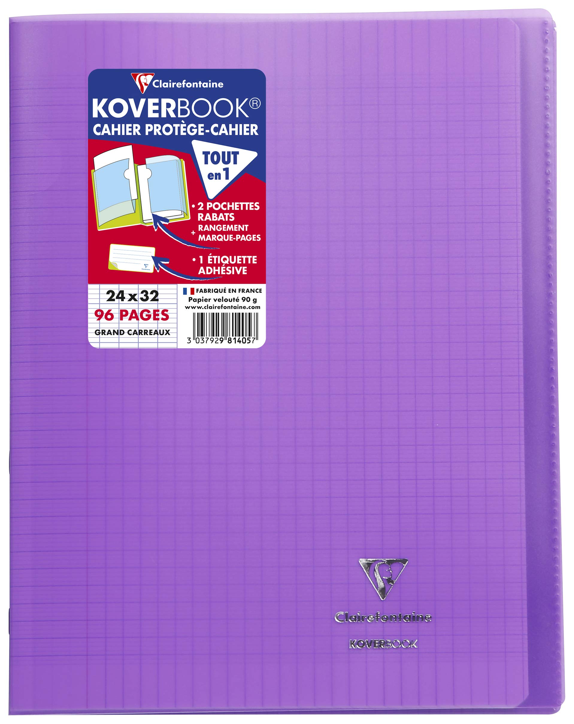 Clairefontaine 981405C - One Purple Koverbook Stapled Notebook - Dimensions: 24 cm x 32 cm - 96 Seyes Ruled Pages - 90 g White Vellum Paper - Polypro Cover