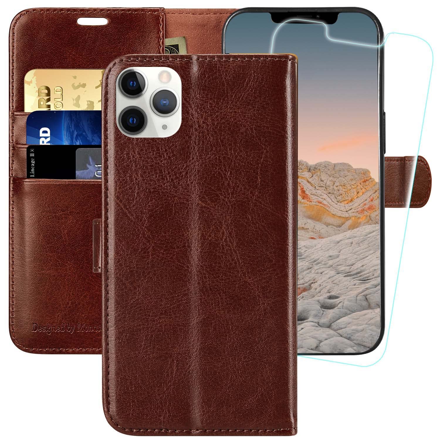 MONASAY iPhone 12 Pro Max Wallet Case,6.7-inch, [Glass Screen Protector Included] [RFID Blocking] Flip Folio Leather Cell Phone Cover with Credit Card Holder for iPhone 12 Pro Max,Brown — image 1