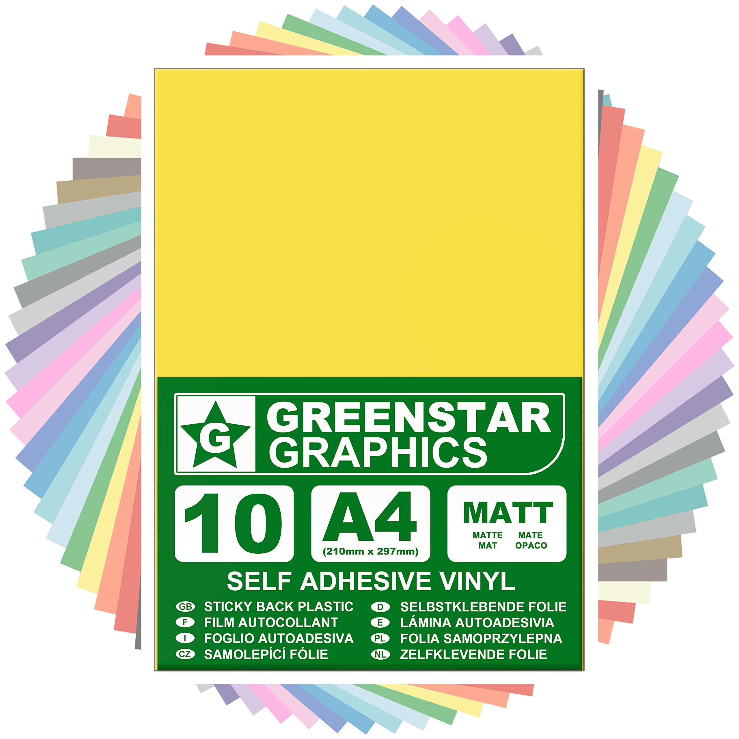 GREENSTAR GRAPHICS MATT A4 STICKY BACK PLASTIC SELF ADHESIVE ART & CRAFT VINYL (10 SHEET PACK). Compatible With 12” Cricut, Silhouette Cameo/Curio/Portrait, Scan N Cut (YELLOW MATT 10 A4)