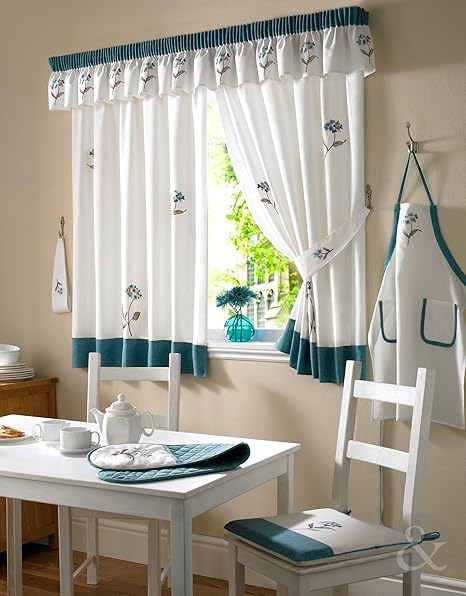 Just Contempo Curtain Pair 66x48 Inches Teal Cream Curtain Floral