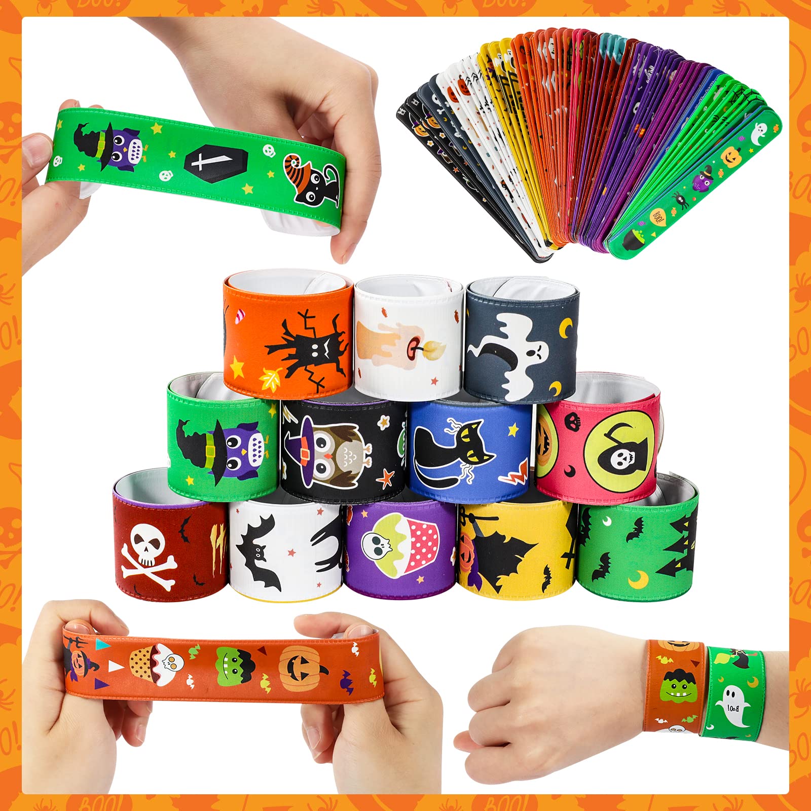 MGparty 72PCS Halloween Slap Bracelets 24 Halloween Theme Designs Spider Pumpkin Ghost Zombie Bat Witches Snap Bracelet for Kids Party Favors Toys Prizes Pinata Goodie Bags Fillers