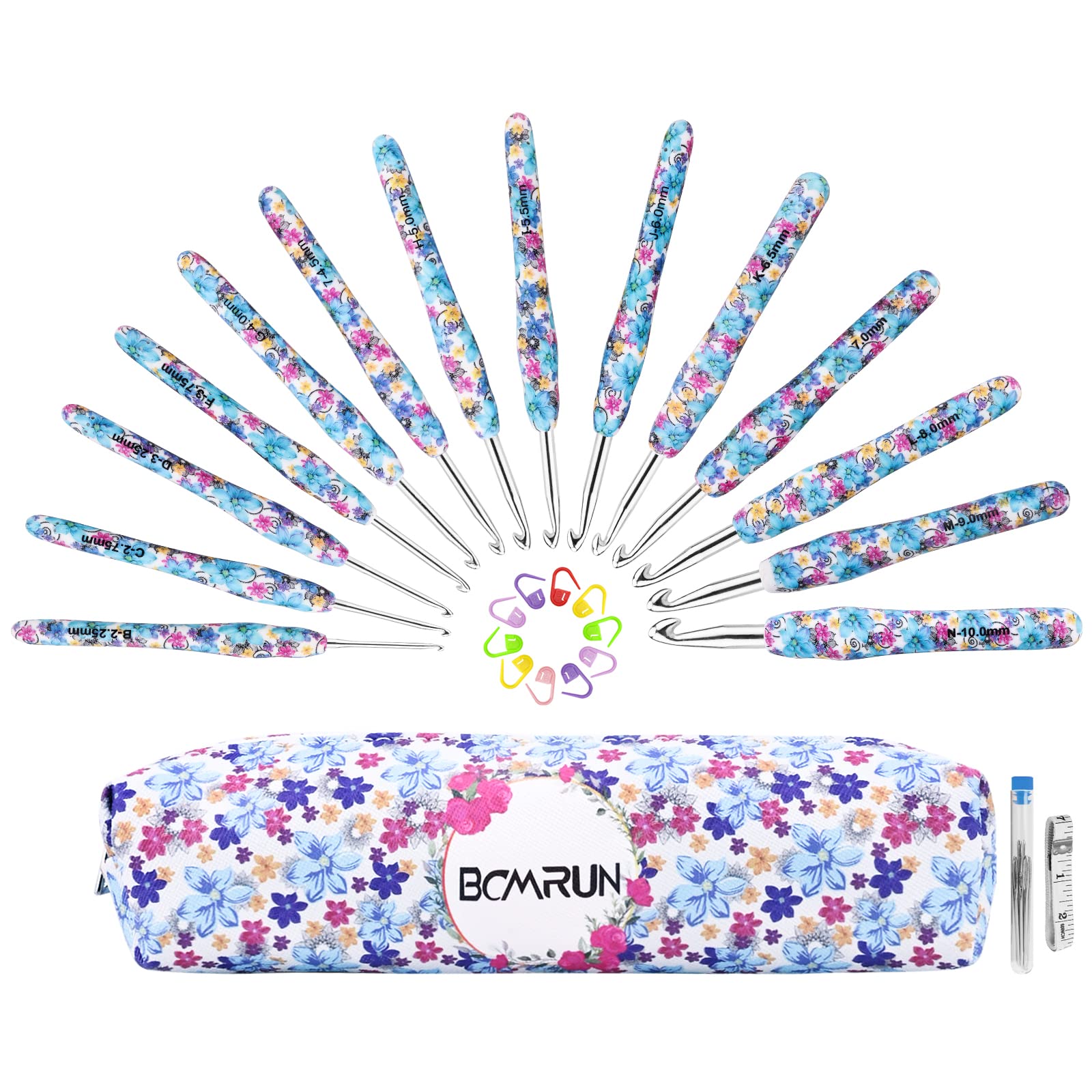 BCMRUN Crochet Hooks Set, 14 Sizes 2.25mm(B)-10mm(N), Extra Long, Ergonomic Handle, Smooth Hooks, Knitting Needles Kit, DIY Knit Needles, Weave Yarn Set (Blue)