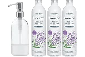 Grove Co. Ultimate Dish Soap Refills (3 x 16 Fl Oz) + Refillable Glass Dish Soap Dispenser for Kitchen Sink with Non-Slip Silicone Sleeve, Plastic Free Cleaning Products, Lavender Blossom & Thyme