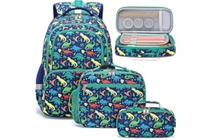 Fimibuke Kid Backpack for School Boy - 3PCS Waterproof Toddler School Bag Cute Bookbag Set with Lunch Box & Pencil Case for Preschool Kindergarten Elementary Back to School Student Ages 3-12, Dinosaur
