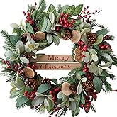 Bibelot 24 Inch Artificial Christmas Wreath with Lamb Leaves,Pine Cones and Red Berries,Winter Spring Front Door Wreath, Xms Decorations Natural Wreath for Indoor Outdoor Farmhouse Home Decor