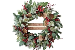 Bibelot 24 Inch Artificial Christmas Wreath with Lamb Leaves,Pine Cones and Red Berries,Winter Spring Front Door Wreath, Xms Decorations Natural Wreath for Indoor Outdoor Farmhouse Home Decor