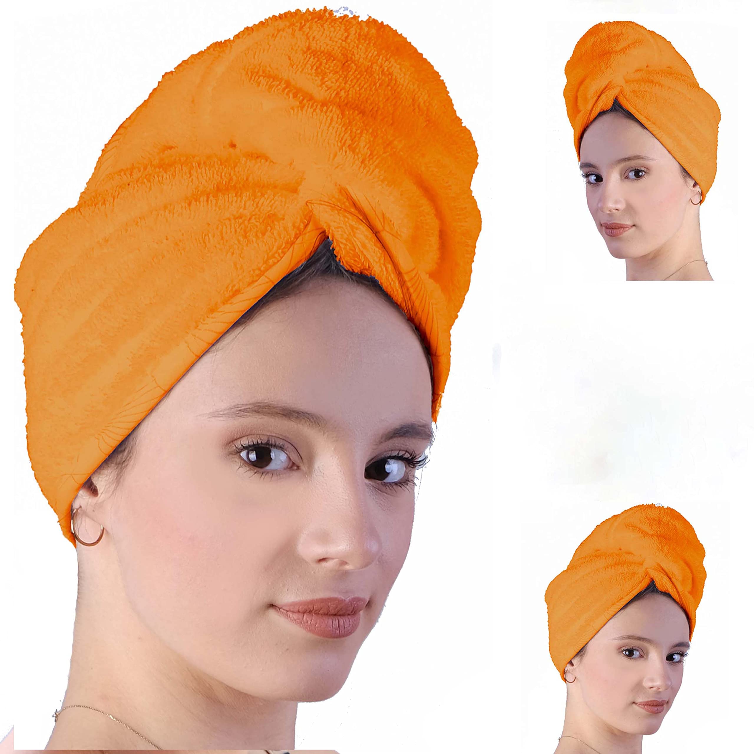 LLAMAXY 100% Pure Organic Cotton Hair Towel - Quick Twist Rapid Dry Turban Cap for Adults and Children - 2 Pack Orange