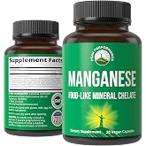Manganese Supplement Food Like Mineral Chelated for Superior Absorption | With Whole Food Blend of 25+ Fruits &amp; Vegetables Pure Trace Mineral Capsules for Connective Tissue Bone Health Enzyme Support