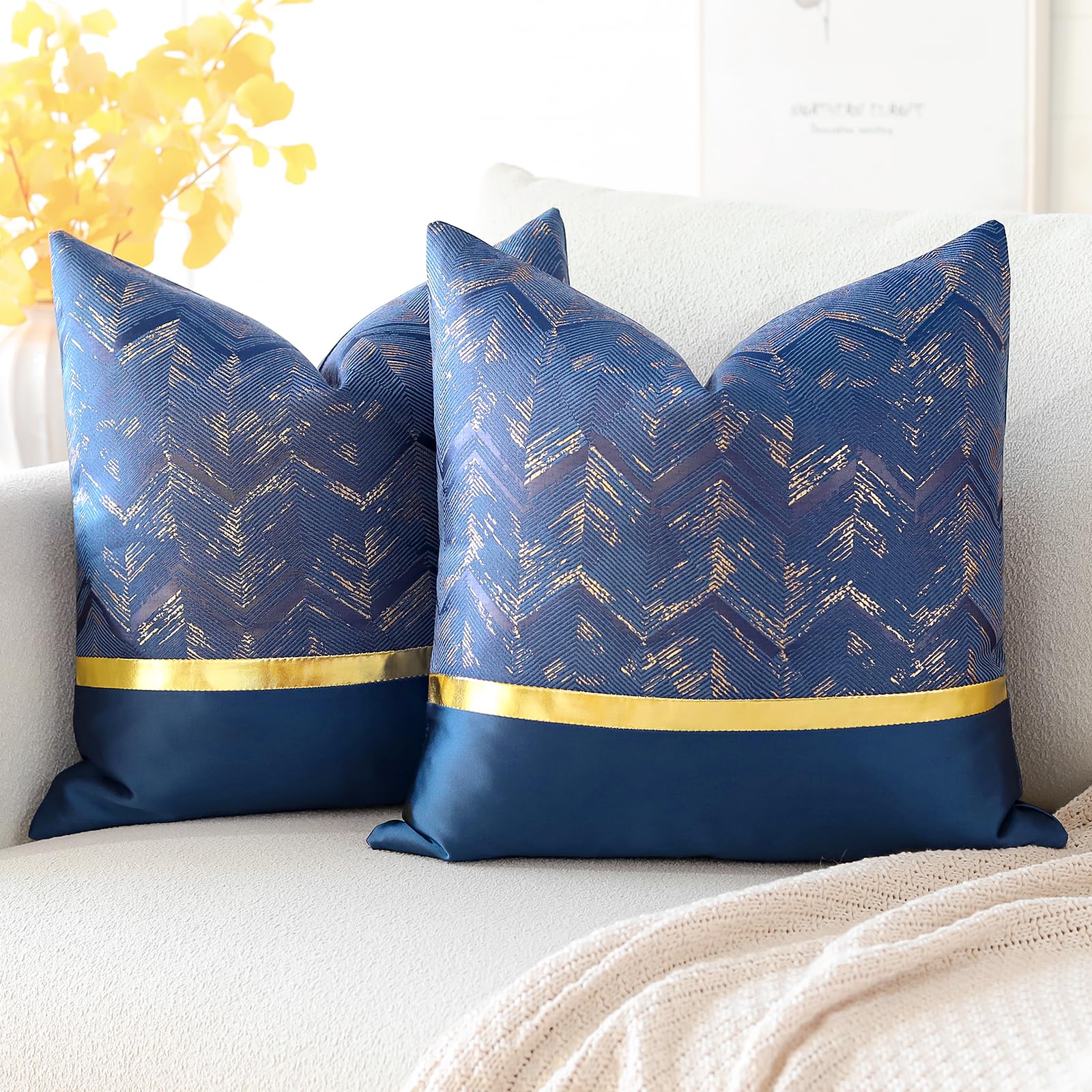 Artscope Set of 2 Cushion Cover for Bed Couch Sofa Car Decor Luxury Modern Minimalist Gold Leather Stitching Wavy Stripes Square Pillowcase Throw Pillow Covers 60x60cm (Navy)