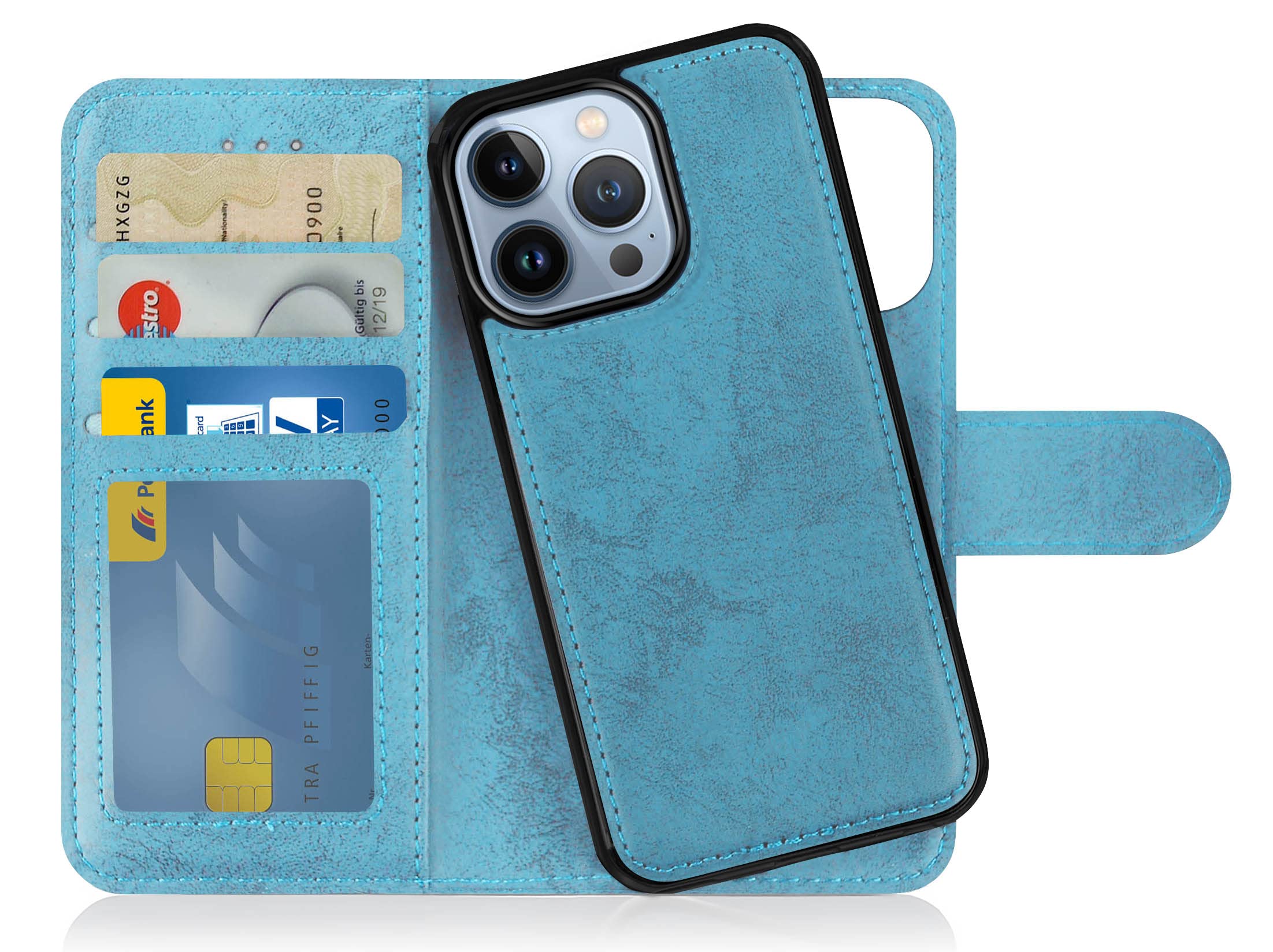 MyGadget Flip Case for iPhone 14 Pro - [ Removable Magnetic Cover ] - PU Leather Phone Case - [ Cover with Card Slot ] Protective Shell in Light Blue