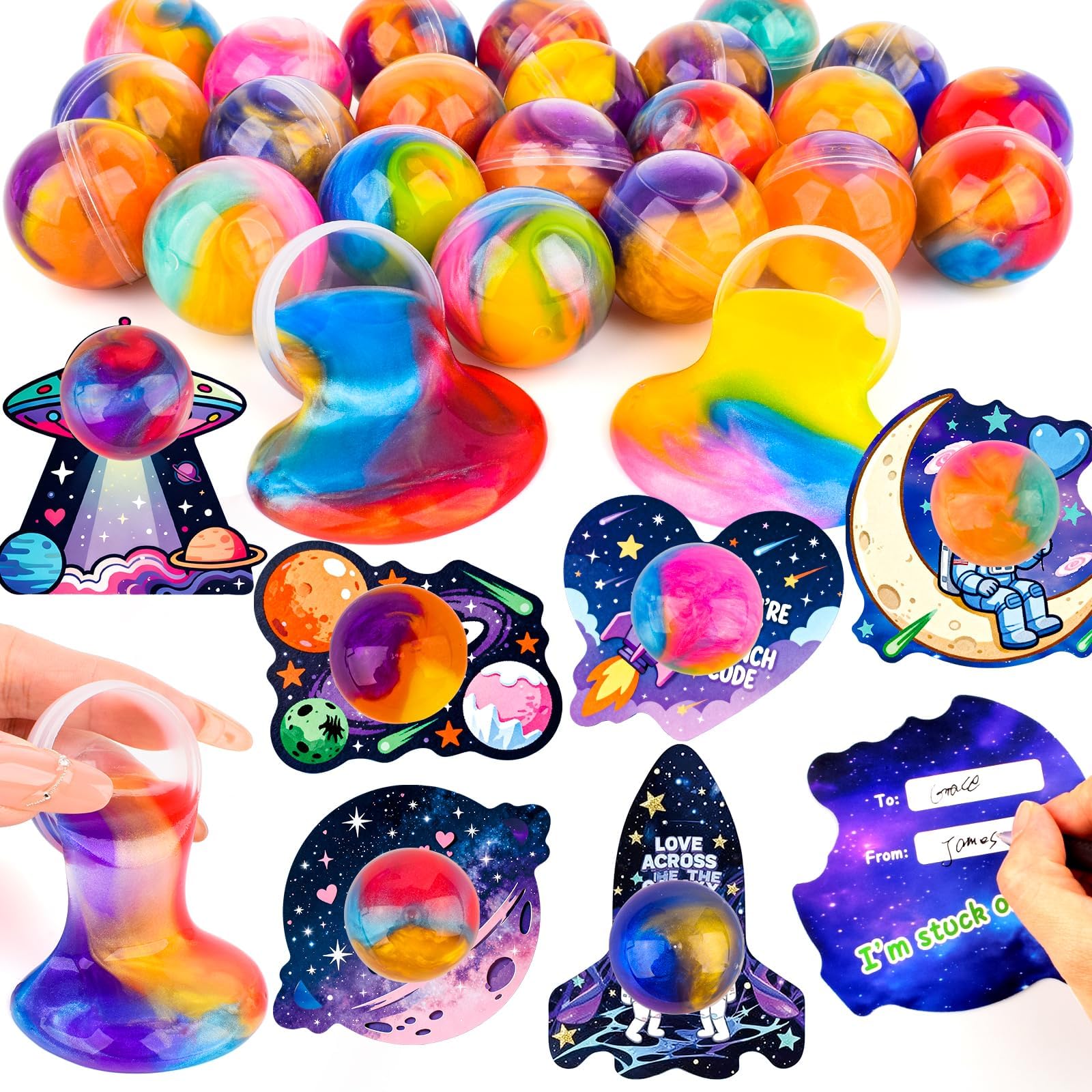 Photo 1 of 24 Pack Valentine Gift Cards with Slime for Kids School Valentine Day Gifts for Kids Classroom Exchange Colorful Stress Relief Fidget Toys Boys Girls Valentine Slime Party Favors