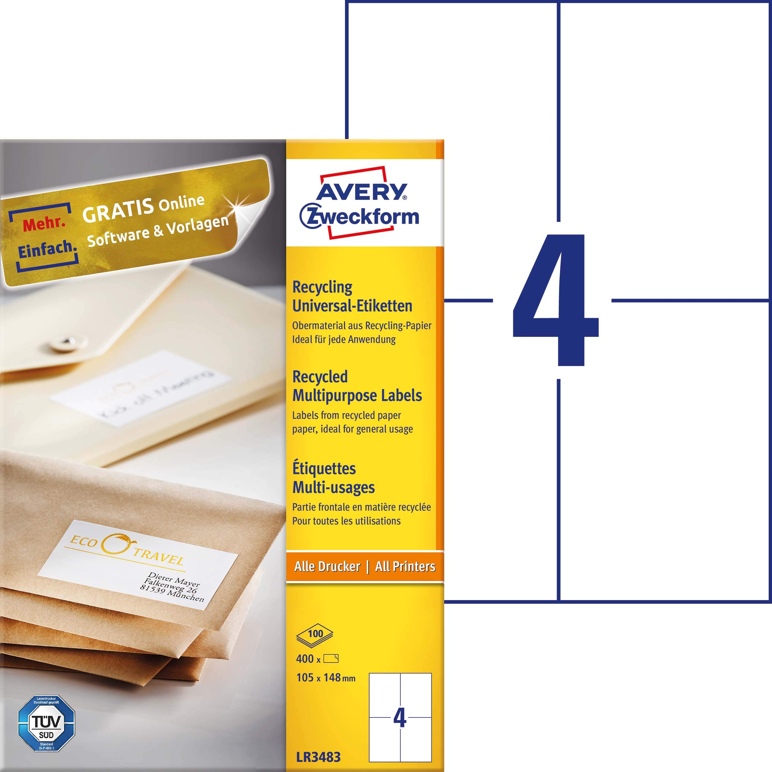 Avery Zweckform LR3483 Recycled A4 Universal Labels (400 Labels 105 x 148 mm 100 Sheets White
