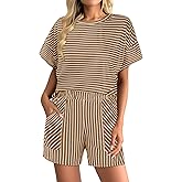 Hilinker Womens 2 Piece Striped Pajamas Sets Short Sleeve Pj Tops and Shorts Loungewear with Pockets