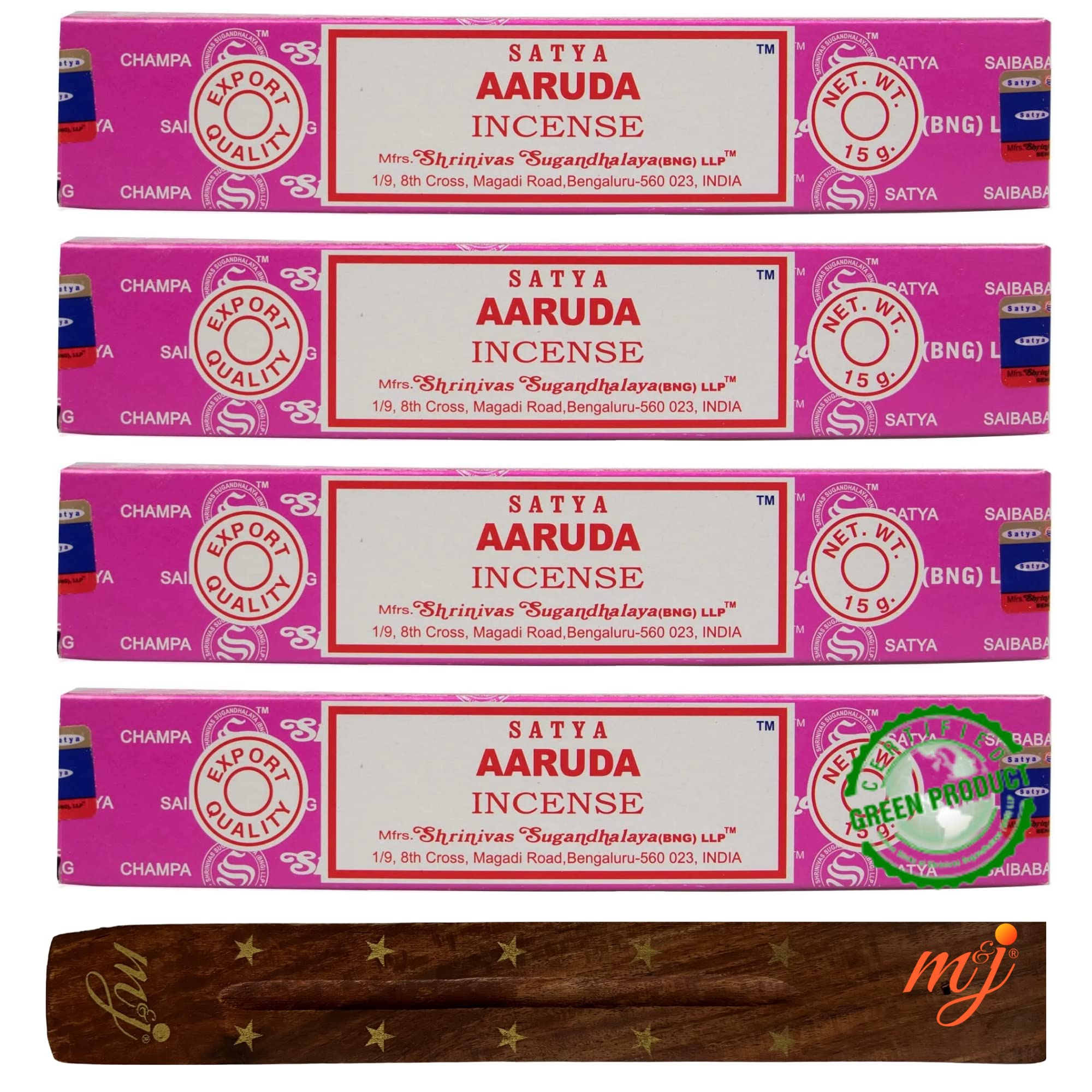 Original Satya Nag Champa Aaruda Incense Sticks | with M&J incense sticks holder | x4 pack | for Aromatherapy, Spa, Yoga, Weddings, Meditation, Healing, Positivity and Relaxation — image 1