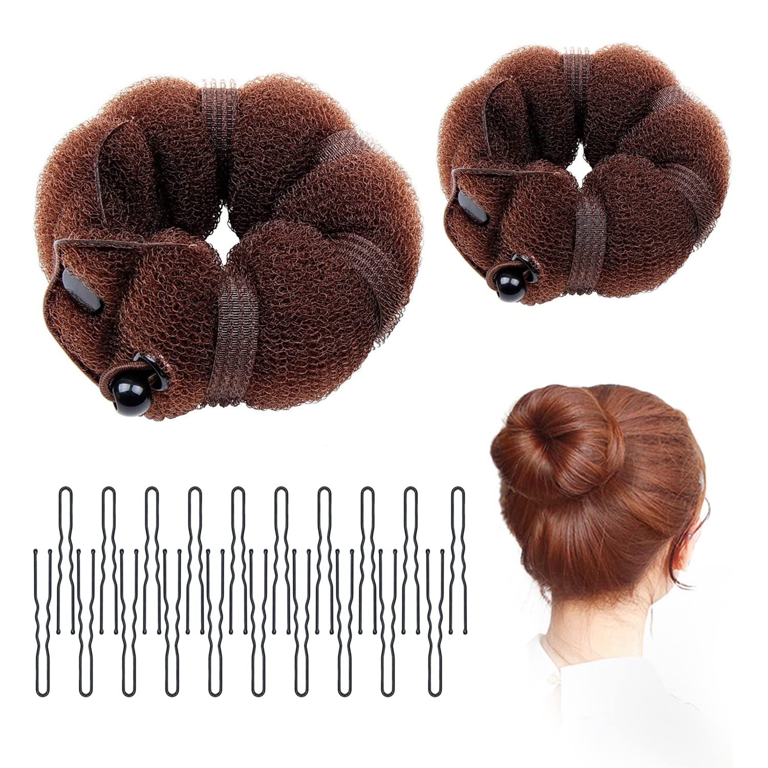 2 Pcs Bun Makers for Hair, Brown Sponge Donut Ring Styler Bun Makers, Easy Bun Makers Tool with Snaps and Hair band, DIY Bun Styling, 2 Sizes, with 20 Pcs U-Clips.