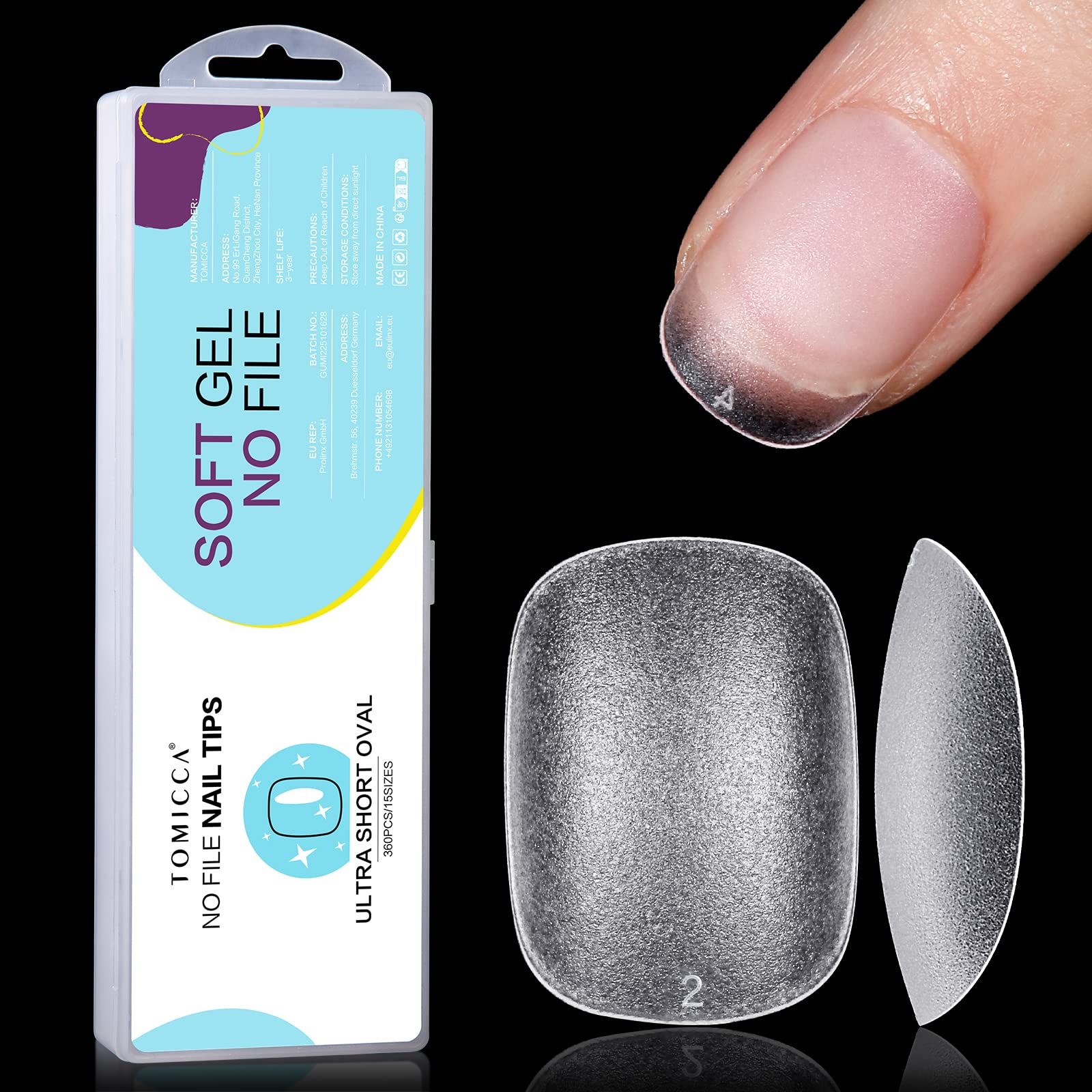 TOMICCA No File Nail Tips - 360pcs Extra Short Oval Soft Gel, Double-Sided Matte Full Cover Tips for Gel & Acrylic Extensions, 15 Sizes DIY Kit