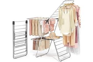 APEXCHASER Clothes Drying Rack with 4 Wings, Stainless Steel Drying Rack Clothing with Height-Adjustable, Foldable Gullwings Laundry Drying Rack, Indoor Outdoor Use, No Assembly, Black