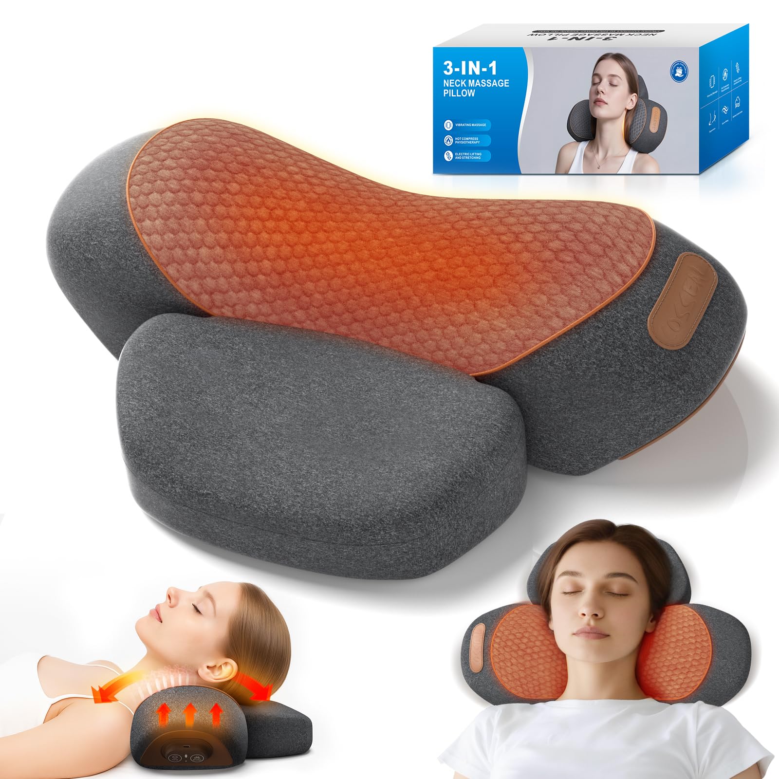Photo 1 of 3-in-1 Neck Massager Pillow with Heating and Cervical Traction - Deep Tissue Massage for Pain Relief, Ergonomic Shoulder Massage Pillow, Neck Hump Corrector Ideal Gift for Women and Men Corded