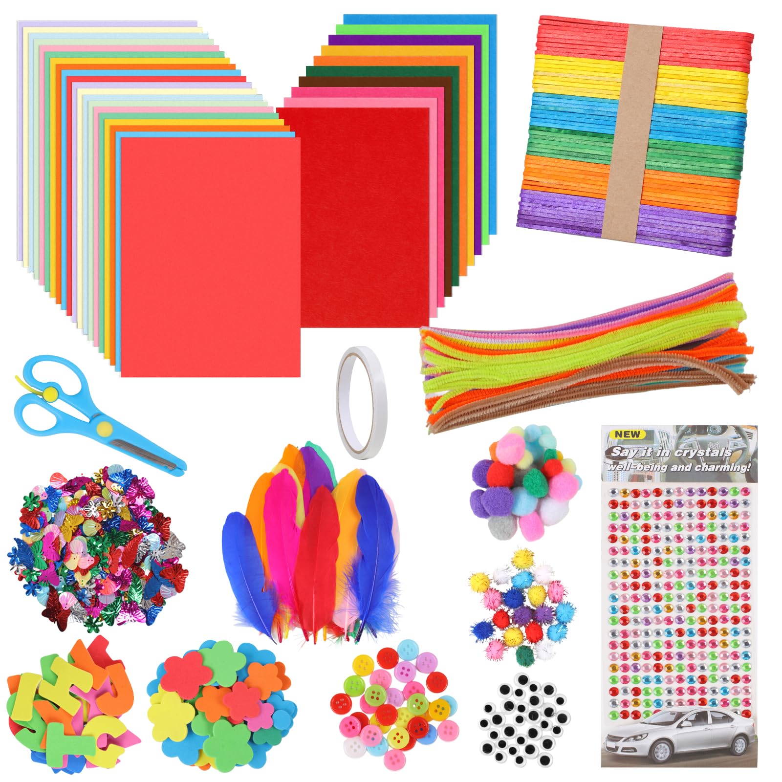 Craft Kits for Kids, Kids Arts and Crafts Set for kids 6-12, Includes Colorful Kraft Paper, Felt Sheets, Pipe Cleaners, Pom Poms, Feather and Foam Stickers, Christmas Gifts DIY for Toddler Boys Girls