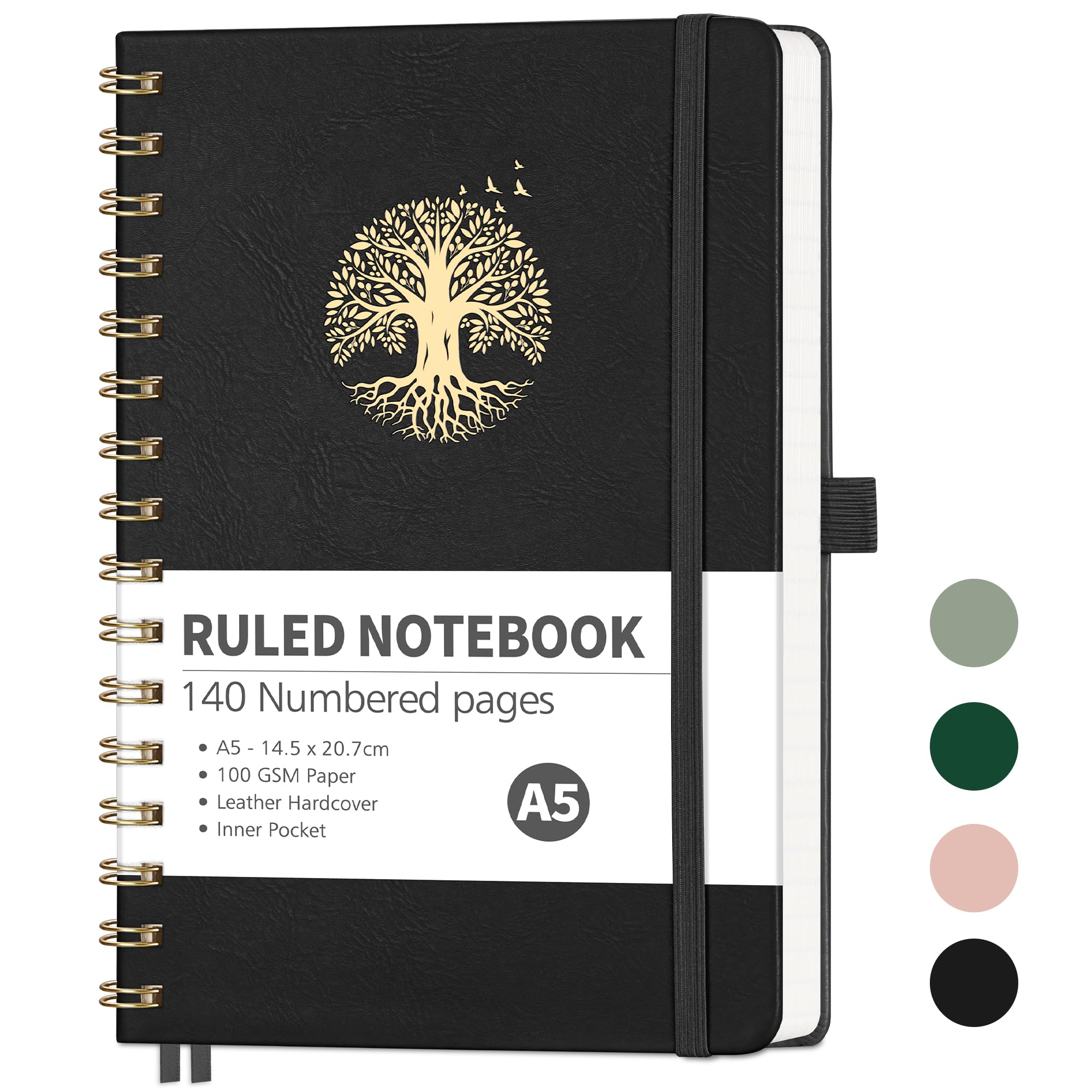 RETTACY A5 Notebook-Spiral College Ruled Notebook Journals for women,140 Numbered Pages Note Pad with 100GSM Premium Paper for Writing,Inner Pocket,Sticky Notes,14.5 x 20.7cm - Black