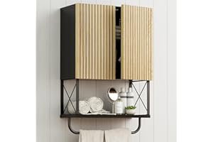 HOKYHOKY Bathroom Wall Medicine Cabinet, Fluted Hanging Bathroom Wall Mounted Cabinet with Towel Bar, Above Toilet Storage Ca