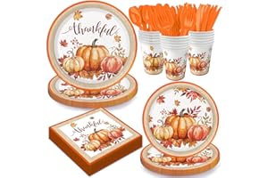 OIGCO Autumn Harvest Thanksgiving Party Supplies Set - Complete Disposable Dinnerware Set for Thanksgiving Fall Party, Serves 24 Guests - Includes Plates, Cups, Napkins, and Cutlery