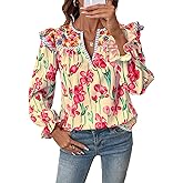 SHEWIN Women's Blouses Split V Neck Mixed Floral Print Long Sleeve Chiffon Fall Tops Striped Trim Shirts