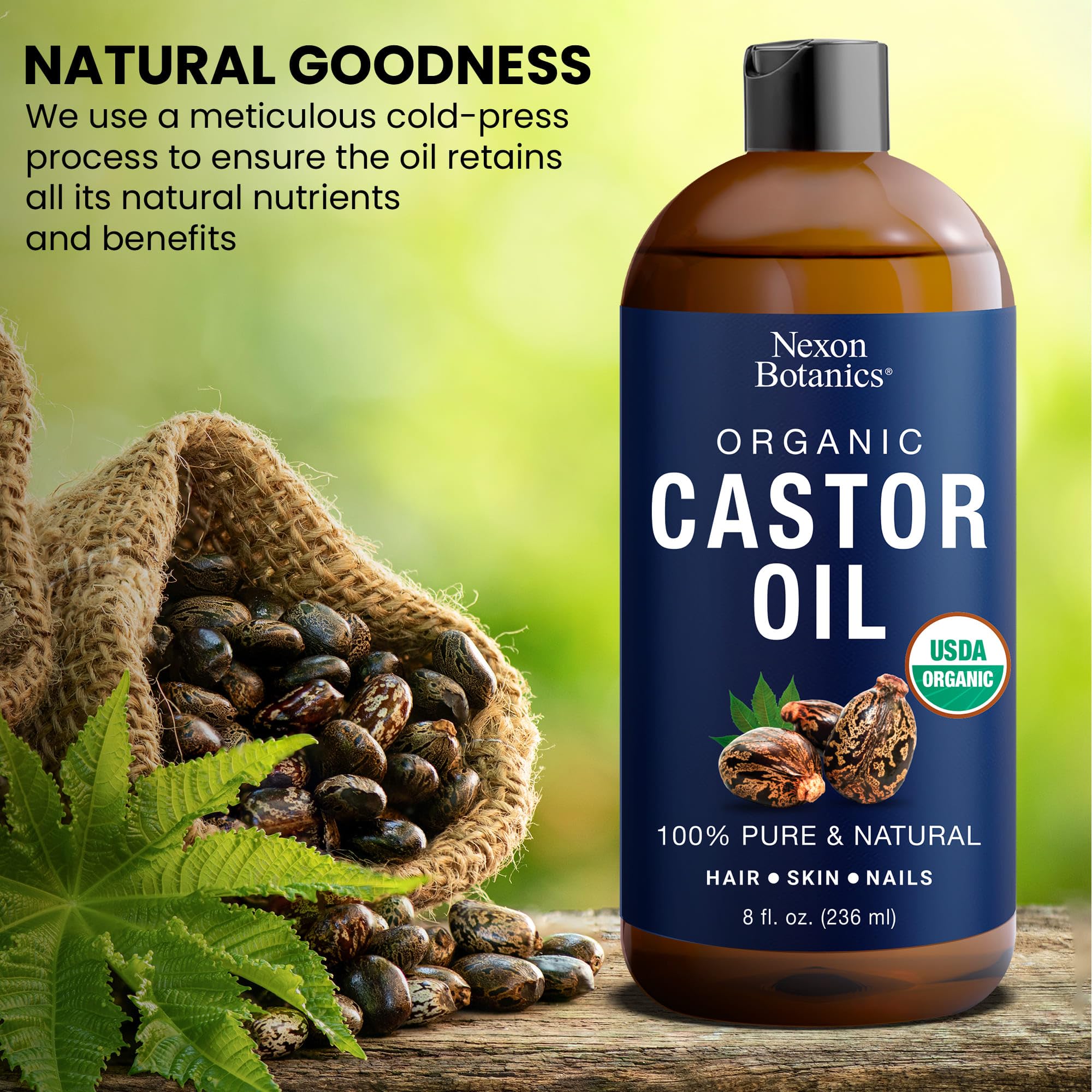 Organic Castor Oil for Hair Growth 8 fl oz - Cold Pressed, Unrefined Castor Oil for Skin, Hair, Eyelashes, Eyebrows, and Body - Aceite De Ricino Organico
