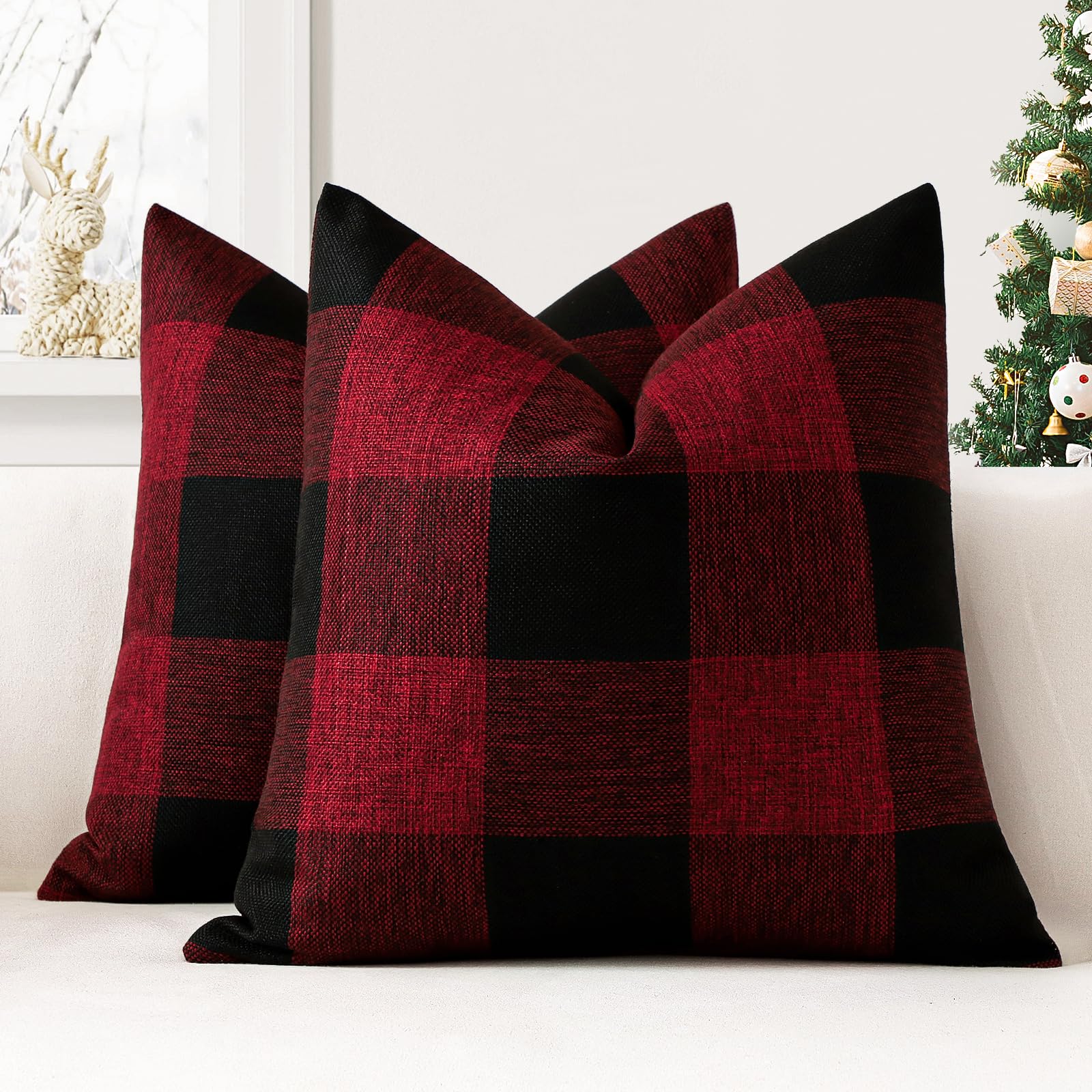JOTOM Set of 2 Classic Plaids Cushion Covers 40x40 cm Farmhouse Buffalo Check Soft solid Decorative Throw Pillow Covers Home Decor Outdoor Cushion Case for Sofa Bedroom (Black Red)