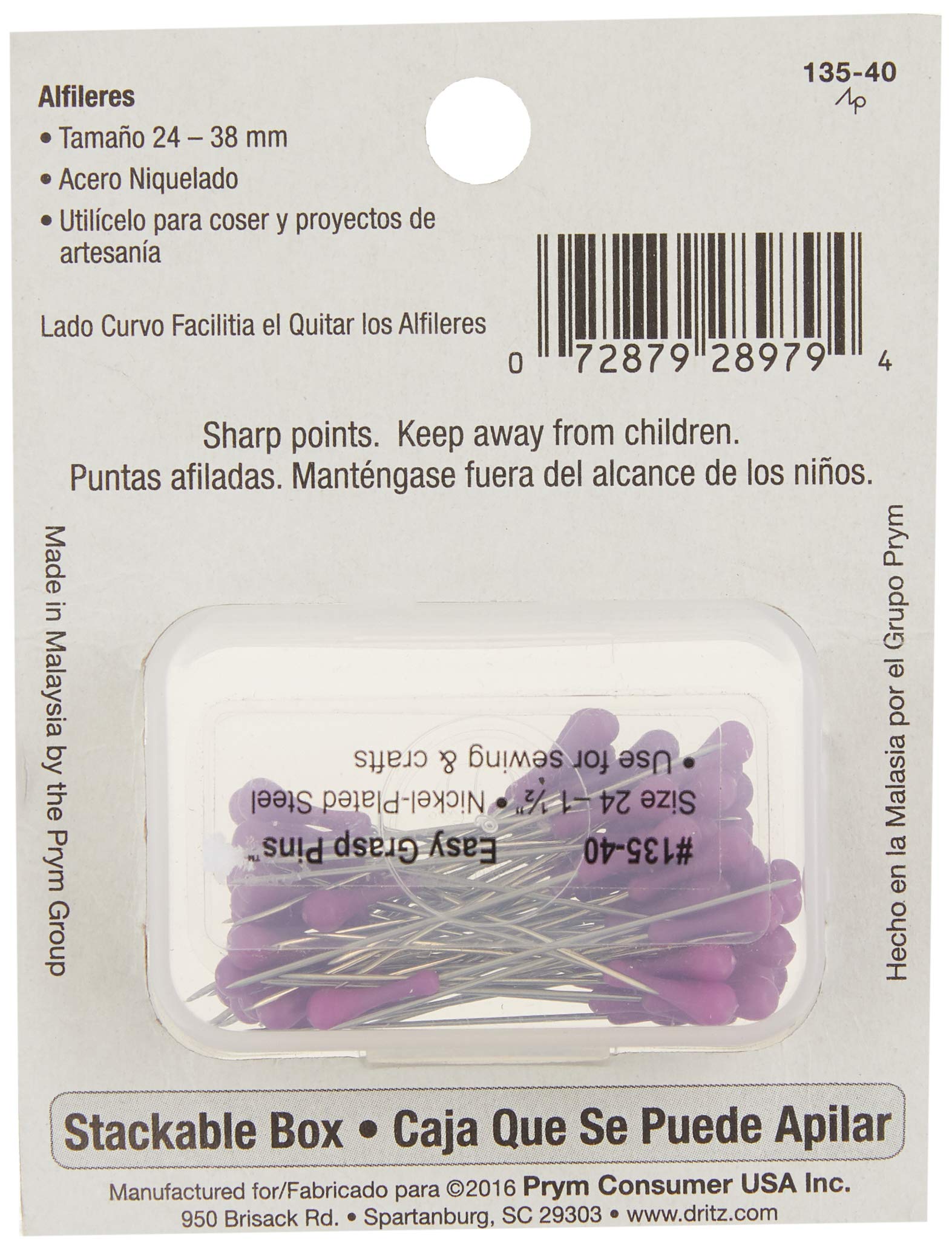 Dritz 135-40 Easy Grasp Pins, 1-1/2-Inch (60-Count) , Purple