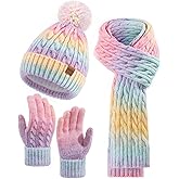 Remifa Winter Hat Scarf Gloves Set for Women Teen Girls, 3 PCS Pom Beanie Skull Cap Knit Scarf Gloves Mittens Valentines Gift