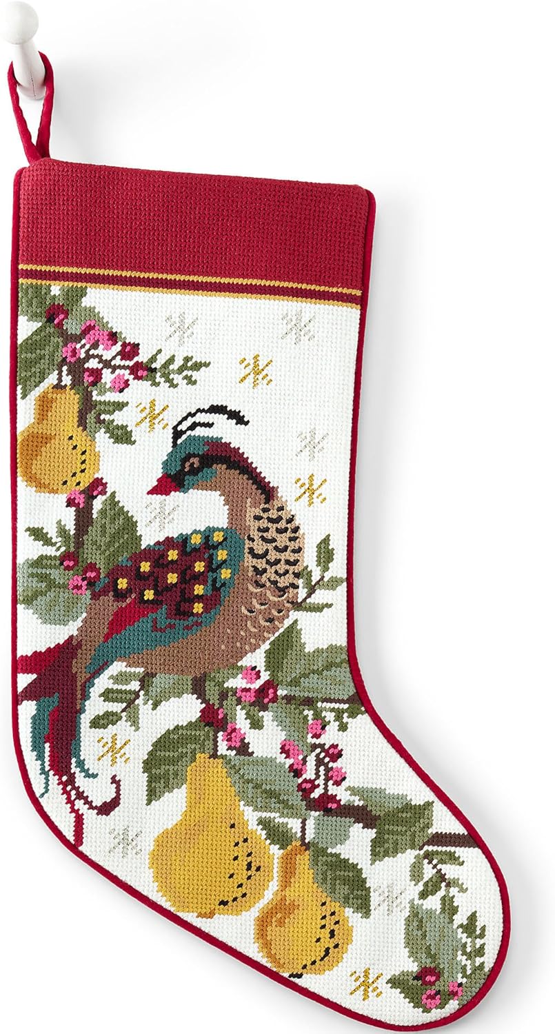 Stockings & Holders - Lands' End Needlepoint Stockings Partridge in A Pear Tree Regular No Sz