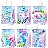 24Pcs Mermaid Party Favor Bags Ocean Mermaid Theme Paper Gift Bags with Handle Ocean Goodie Candy Treat Bag Under The Sea Birthday Party Supplies for Girls Birthday Baby Shower Decorations