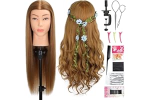 MQHIHI Mannequin Head Human Hair, 80% Real Hair Cosmetology Manikin Head for Practice Braiding Hairstyling Cutting with Free Clamp Holder and Tools (Light Brown)