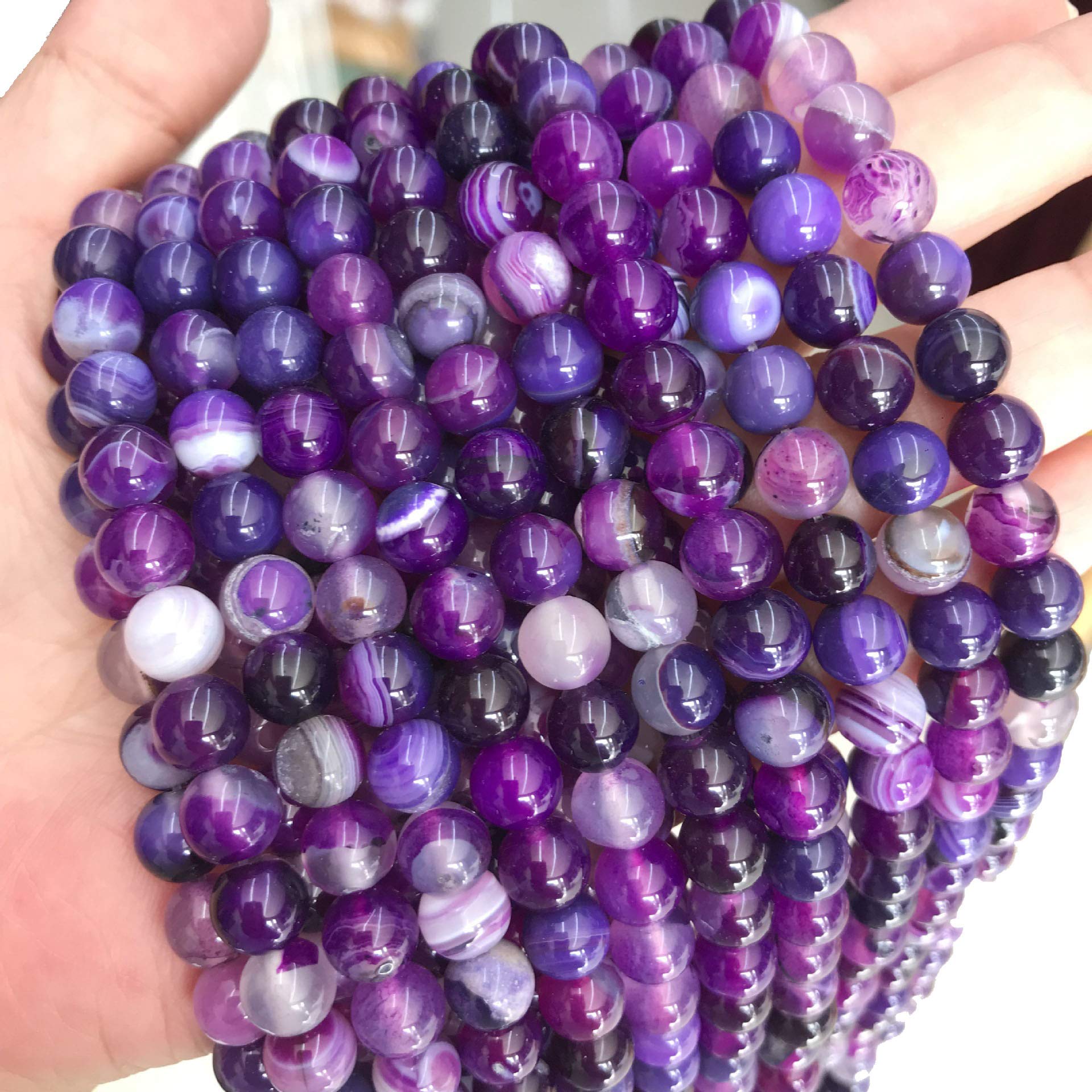 Natural Gemstone Stripes Lace Agate Beads, 8 mm 6 mm 4 mm, Polished and Matt, Ball Shape Jewellery Beads for Jewellery Bracelet Chain Jewellery Making, (8 mm, 15 Pieces, Purple Polished)