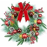 YULETIME 20" Pre-Lit Christmas Wreath, Battery Operated with 10 Fairy Lights Holiday Wreath, Red Bowknot & Baubles, Pine Cones, Red Berries, Green Leaves Holly, Spruce Branches, Pine Needles