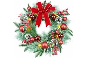 YULETIME 20" Pre-Lit Christmas Wreath, Battery Operated with 10 Fairy Lights Holiday Wreath, Red Bowknot & Baubles, Pine Cones, Red Berries, Green Leaves Holly, Spruce Branches, Pine Needles