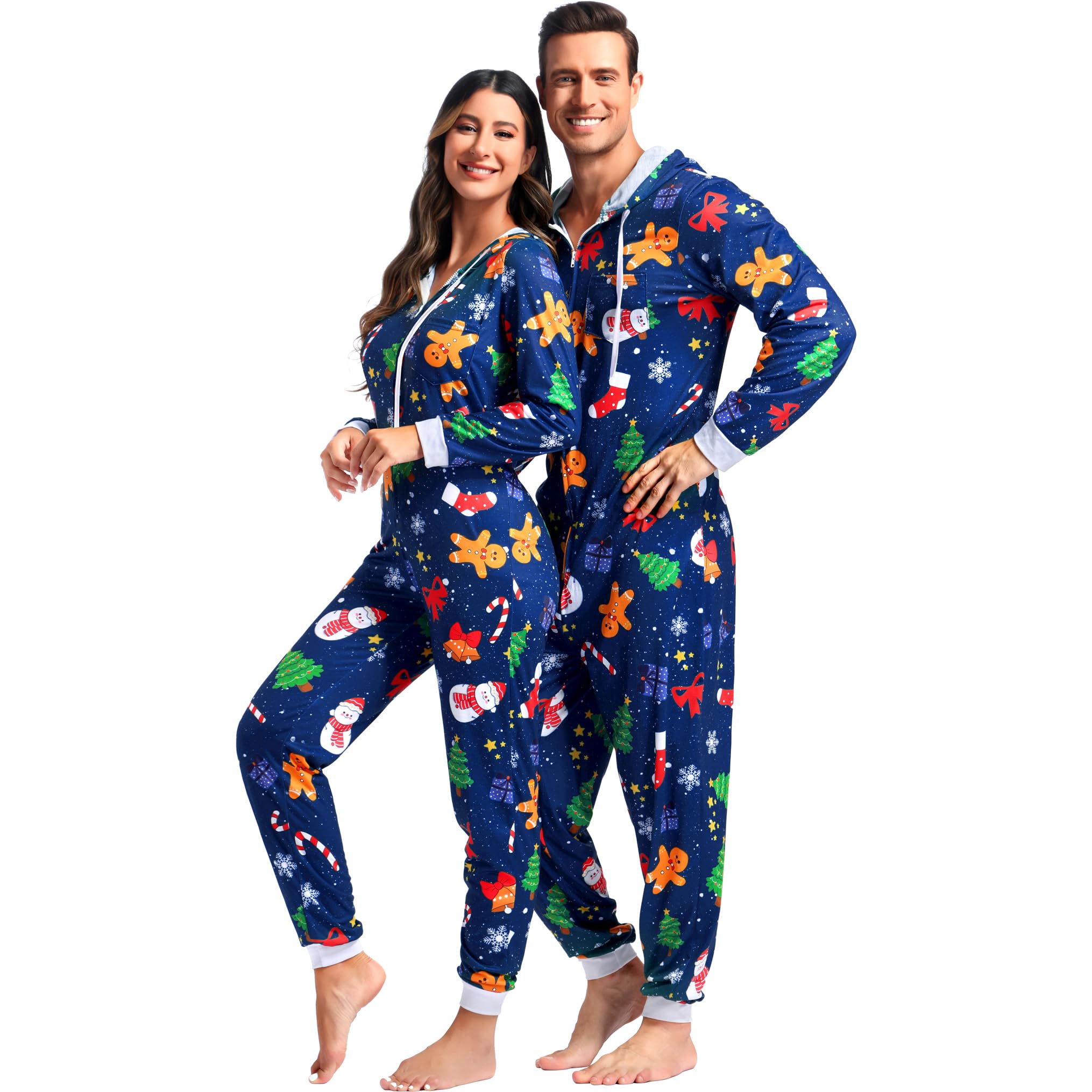 Zhitunemi Matching Family Christmas Pajamas: Hooded Zip-Up Adult Onesies for Women & Men Xmas Holiday Pjs & Photo Outfit Gift 15016Deep Blue-XS Image