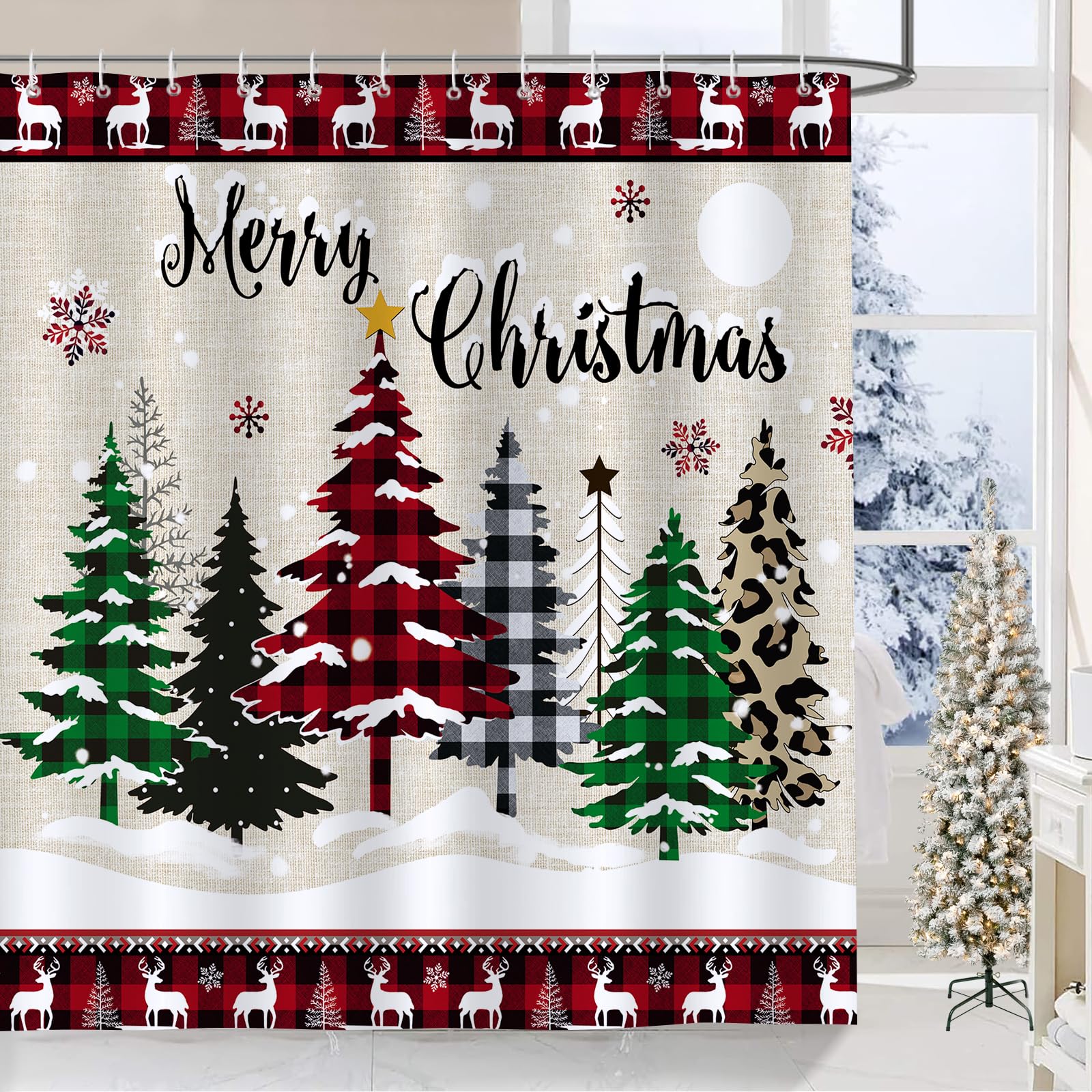 Bonhause Christmas Tree Shower Curtain Buffalo Check Plaid Xmas Tree Winter Farmhouse Bathroom Curtain 180 x 180 cm Waterproof Mildew & Mould Resistant Polyester Fabric Bath Curtain with 12 Hooks